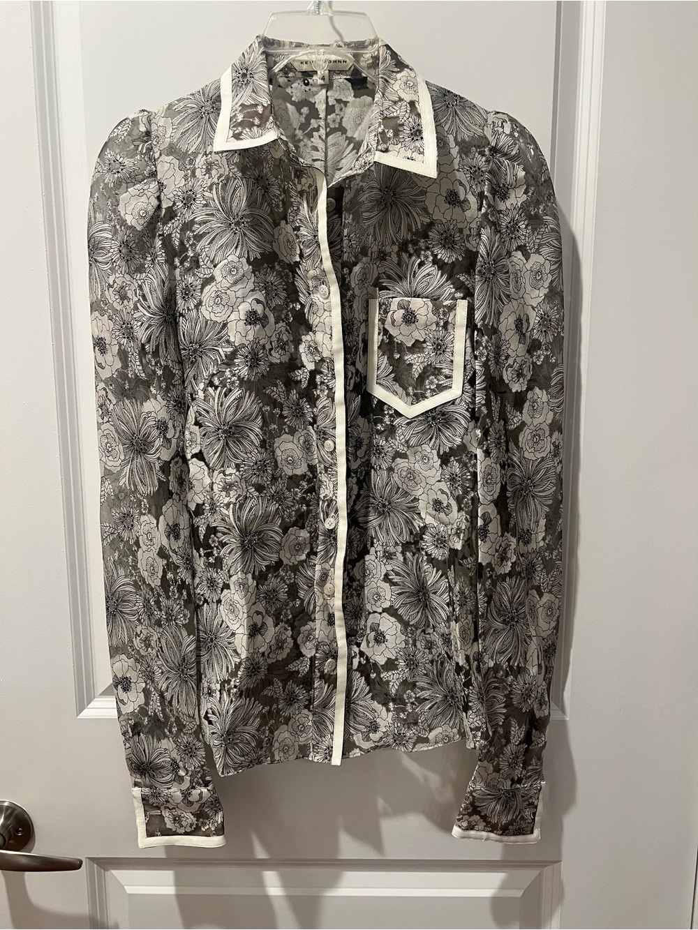 Kevin Johnn Sheer Floral Button-Up Blouse in Black & White